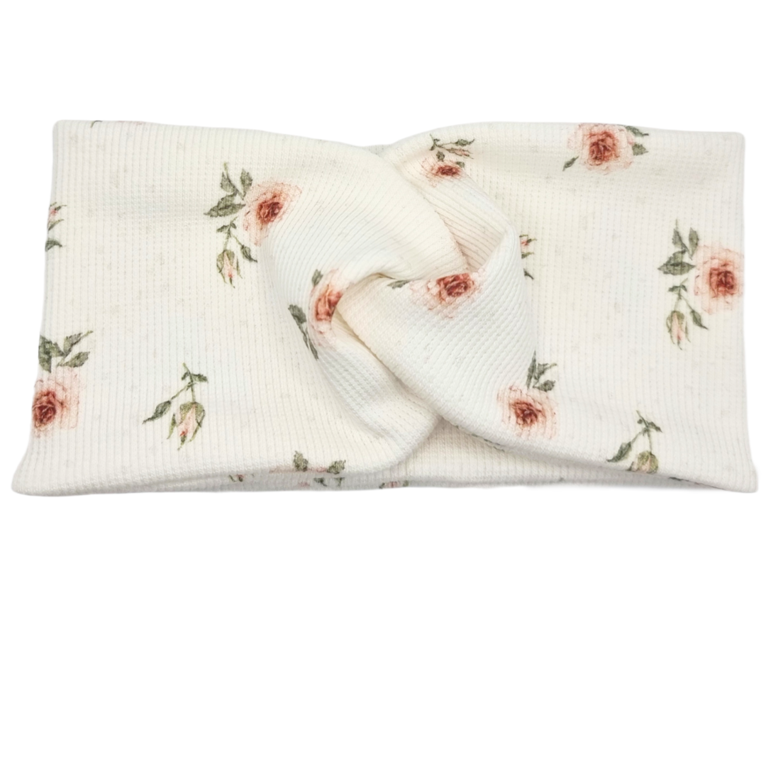 Opaska szeroka przeplatana na głowę ecru w kwiatuszki