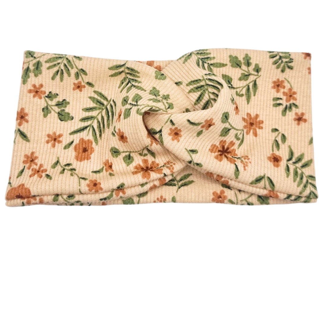 Opaska szeroka przeplatana na głowę beżowa w kwiatki i listki