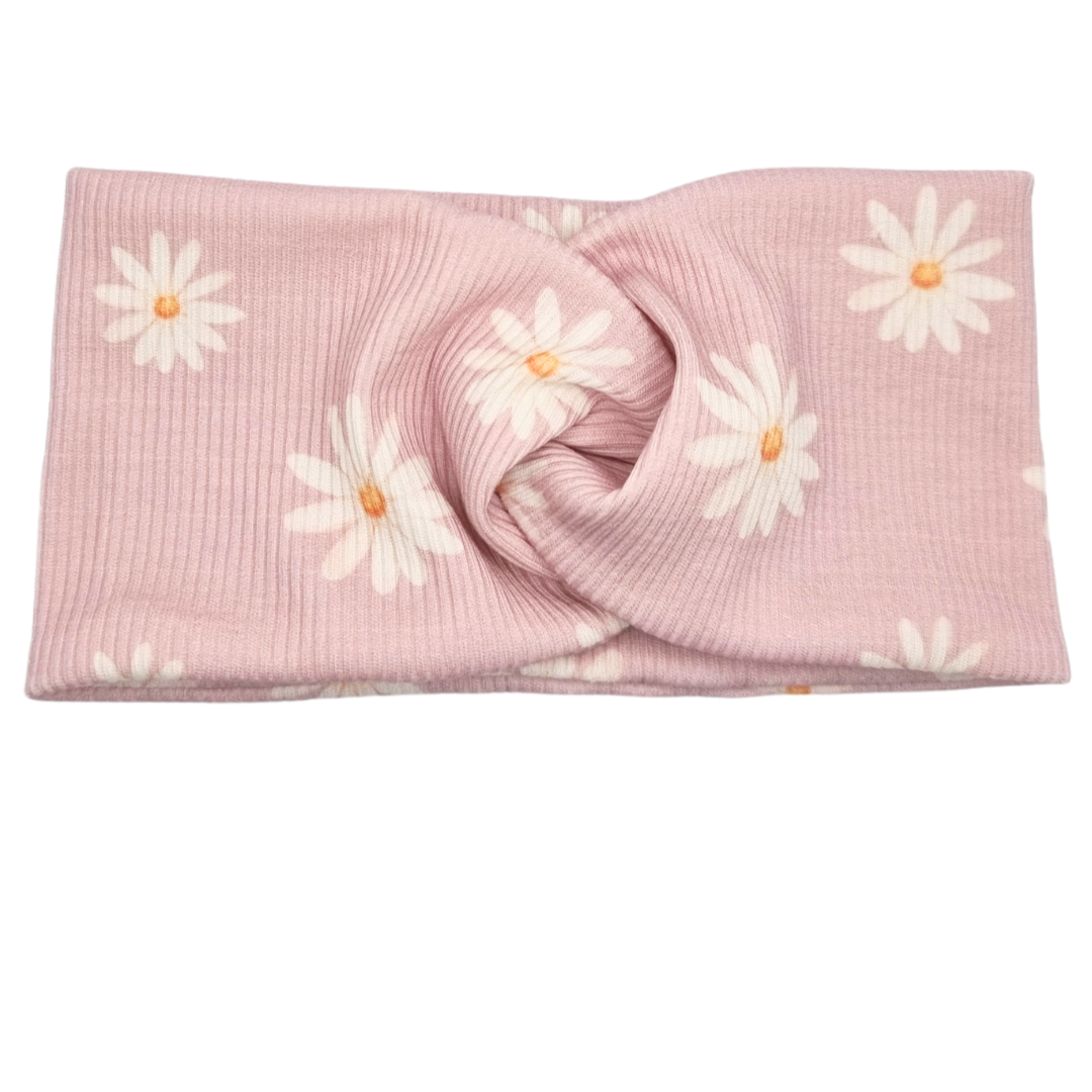 Opaska szeroka przeplatana na głowę brudny róż w małe stokrotki