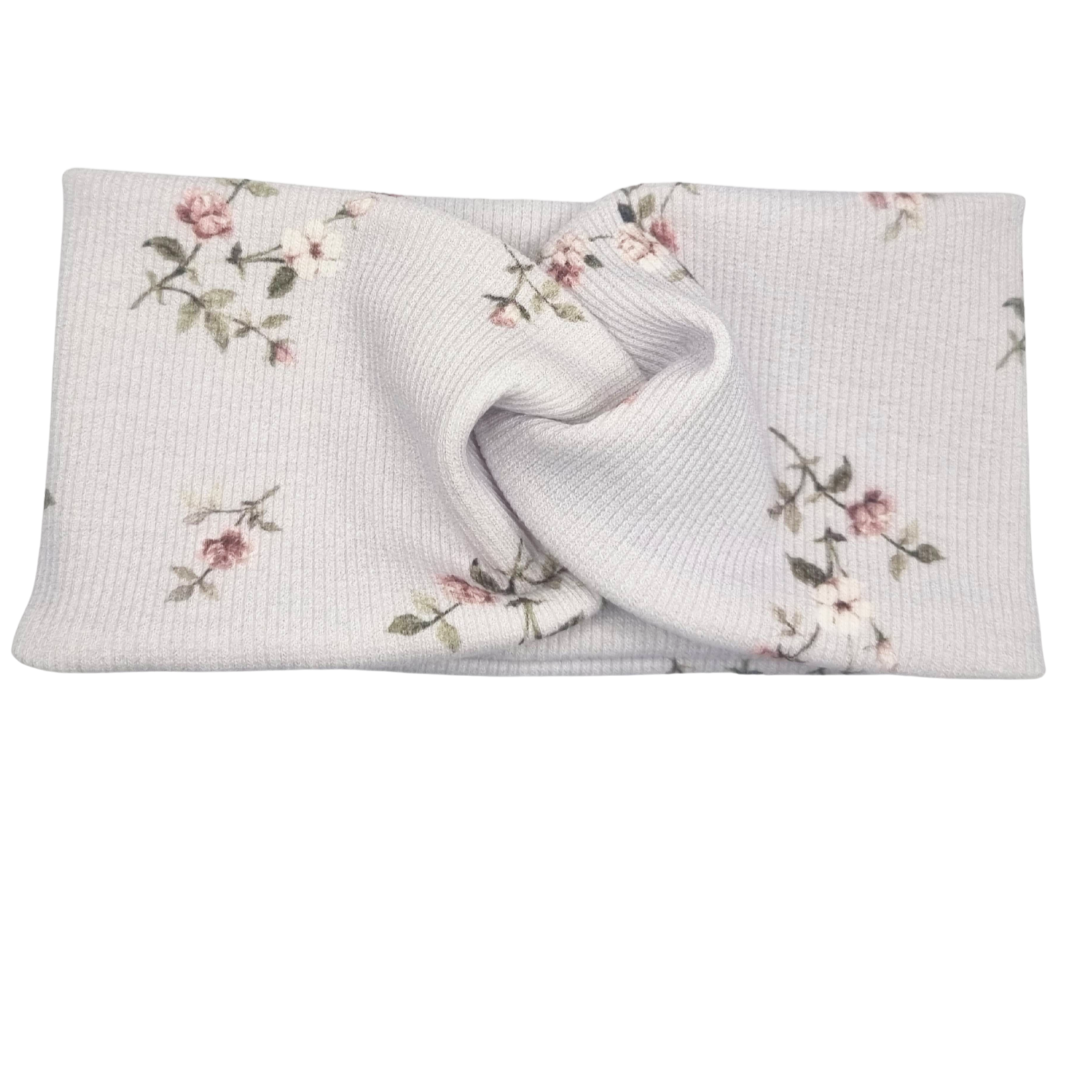 Opaska szeroka przeplatana na głowę blady fiolet w drobne kwiatki